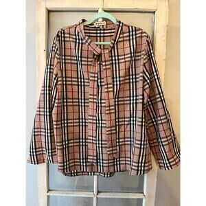 Moyabo 2xl tie neck long sleeve blouse tan multi color